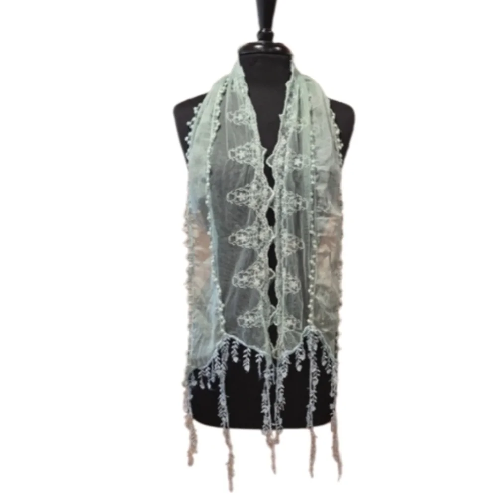 Hippie Scarf Bohemian Mint Vintage Y2K Light Blue Lace Boho Chic Festival